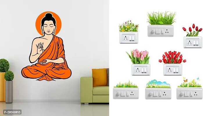 Merical Yogi Buddha and Flowers Switch Board Wall Sticker for Living Room, Hall, Bedroom (Material: PVC Vinyl)