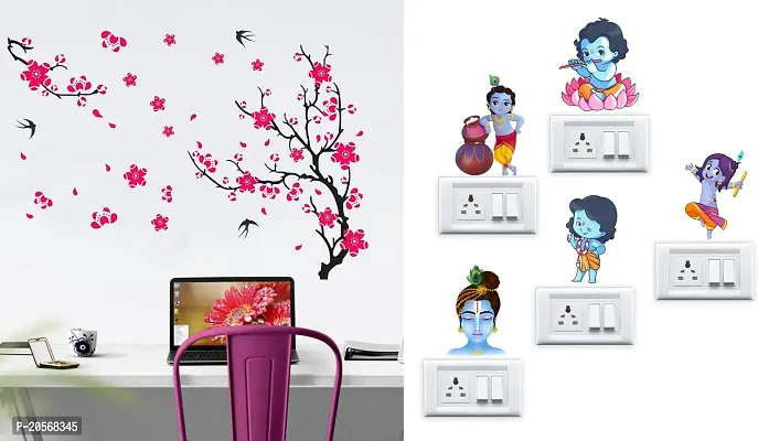 Merical Different Tree with Flower and Krishna Switch Board Wall Sticker for Living Room, Hall, Bedroom (Material: PVC Vinyl)