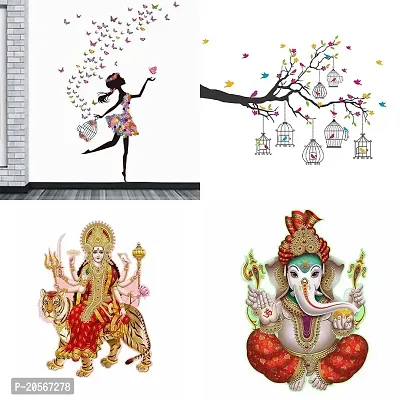 Merical Set of 4 Dreamy Girl, Branches Flowers  BirdCages, Sherawali Maa, Ekdant, Wall Sticker for Wall D?cor, Living Room, Children Room