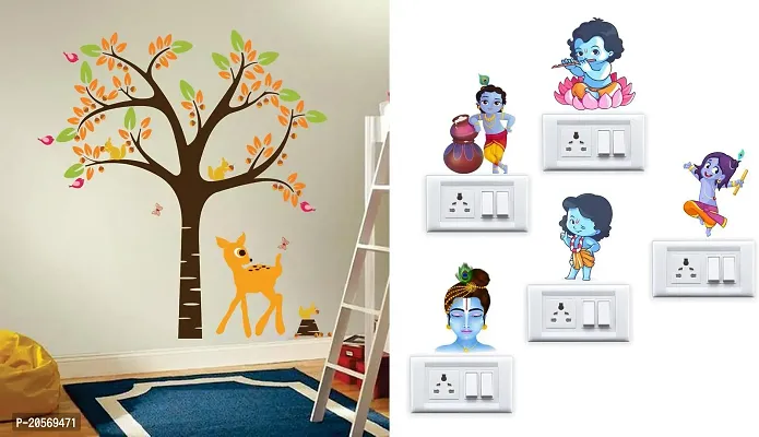 Merical Orange Deer and Tree and Krishna Switch Board Wall Sticker for Living Room, Hall, Bedroom (Material: PVC Vinyl)