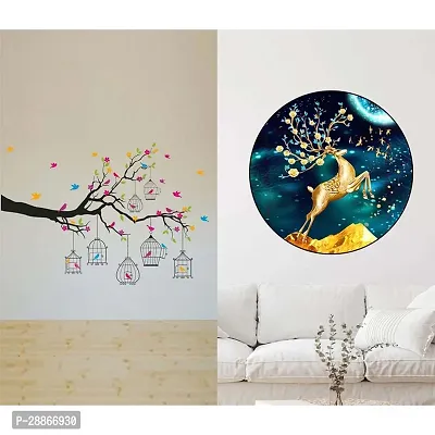 Stylish Combo Of Two Wall Stickers Golden Deer , Branches With Flowers And Birds Cageswall Decals For Hall, Bedroom -Kitchen