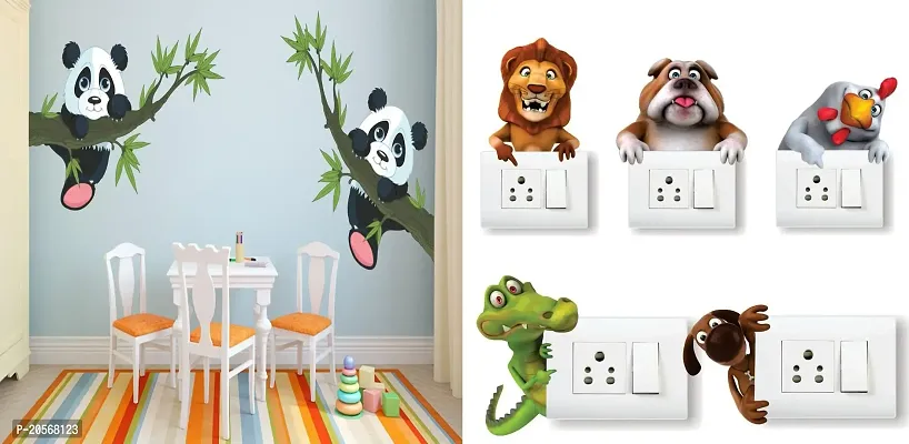 Merical Panda Hanging On A Branch and Animals Switch Board Wall Sticker for Living Room, Hall, Bedroom (Material: PVC Vinyl)