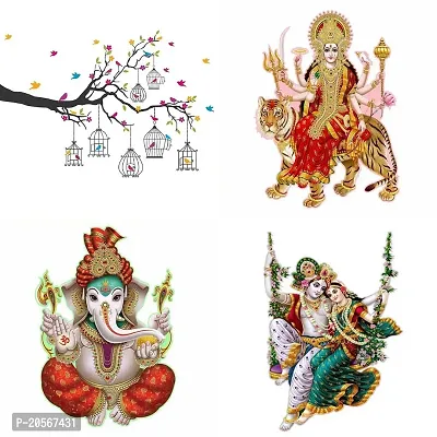 Merical Set of 4 Branches Flowers  BirdCages, Sherawali Maa, Ekdant, Radhamadhav Jhula Wall Sticker for Wall D?cor, Living Room, Children Room