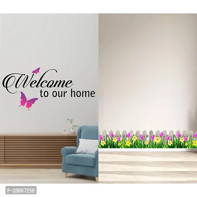 Stylish Combo Of Two Wall Stickers Wooden Wall With Flowers , Welcome Home Butterflywall Decals For Hall, Bedroom -Kitchen