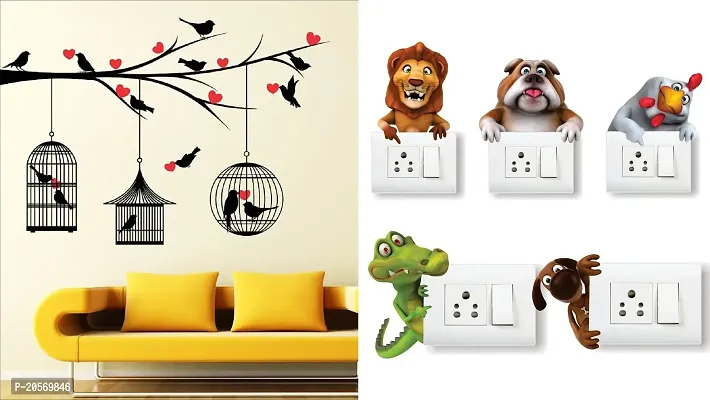 Merical Love Birds with Hearts and Animals Switch Board Wall Sticker for Living Room, Hall, Bedroom (Material: PVC Vinyl)-thumb0