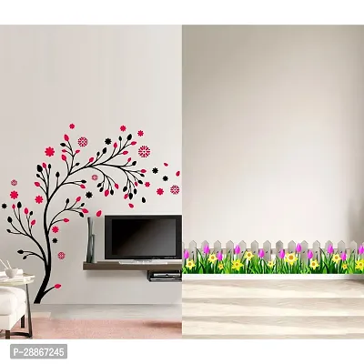 Stylish Combo Of Two Wall Stickers Wooden Wall With Flowers , Magical Treewall Decals For Hall, Bedroom -Kitchen