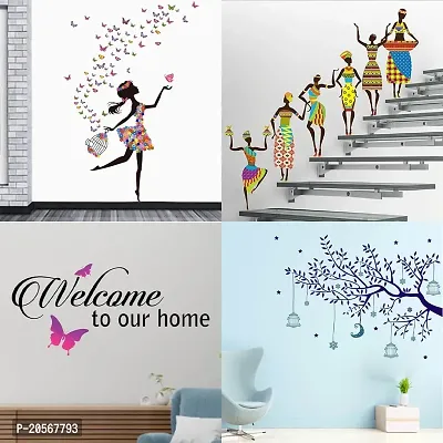 Merical Set of 4 Dreamy Girl, Tribal Lady, Welcome Home Butterfly, Blue Tree Moon, Wall Sticker for Wall D?cor, Living Room, Children Room