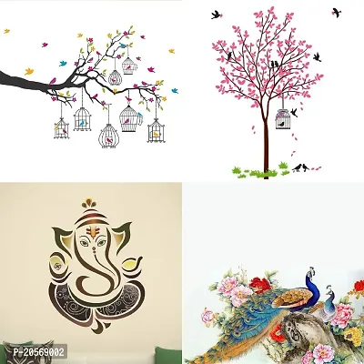 Merical Set of 4 Branches Flowers  BirdCages, Pink Tree Bird  Nest, Royal Ganesh, Royal Peacock, Wall Sticker for Wall D?cor, Living Room, Children Room