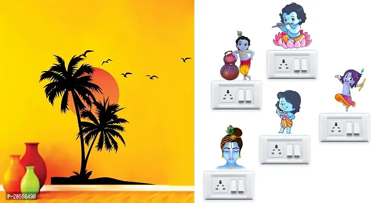 Merical Beach with Sunset and Krishna Switch Board Wall Sticker for Living Room, Hall, Bedroom (Material: PVC Vinyl)