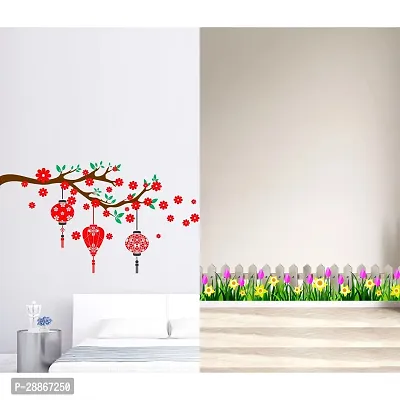 Stylish Combo Of Two Wall Stickers Wooden Wall With Flowers , Red Flower With Lanternwall Decals For Hall, Bedroom -Kitchen
