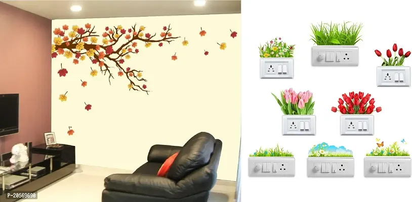 Merical Autaum Leaf and Flowers Switch Board Wall Sticker for Living Room, Hall, Bedroom (Material: PVC Vinyl)