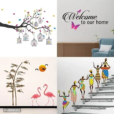 Merical Set of 4 Branches Flowers  BirdCages, Sunset swan Love, Tribal Lady, Welcome Home Butterfly, Wall Sticker for Wall D?cor, Living Room, Children Room