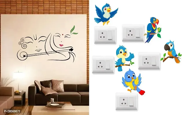 Merical Radhe Krishna with Flute and Twitter Switch Board Wall Sticker for Living Room, Hall, Bedroom (Material: PVC Vinyl)
