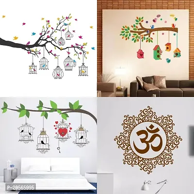 Merical Set of 4 Branches Flowers  BirdCages, Bird House Branch, Birdcase Key, Designer Om, Wall Sticker for Wall D?cor, Living Room, Children Room-thumb0