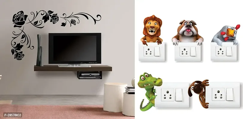 Merical Floral Corner and Animals Switch Board Wall Sticker for Living Room, Hall, Bedroom (Material: PVC Vinyl)