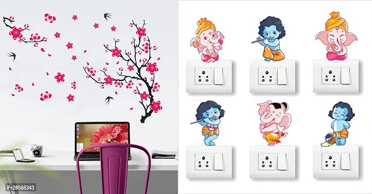 Merical Different Tree with Flower and Ganesh Switch Board Wall Sticker for Living Room, Hall, Bedroom (Material: PVC Vinyl)-thumb0