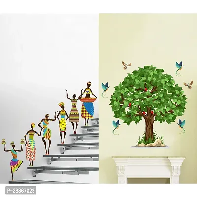 Stylish Combo Of Two Wall Stickers Green Tree , Tribal Ladywall Decals For Hall, Bedroom -Kitchen