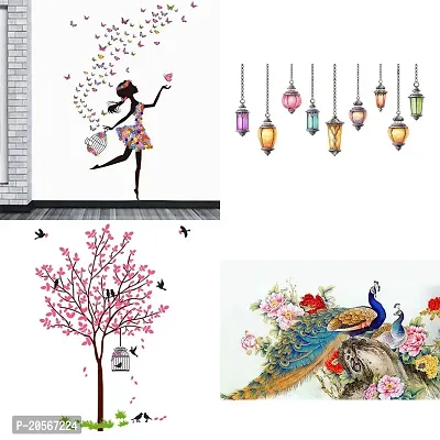 Merical Set of 4 Dreamy Girl, Hanging Lamp, Pink Tree Bird  Nest, Royal Peacock, Wall Sticker for Wall D?cor, Living Room, Children Room