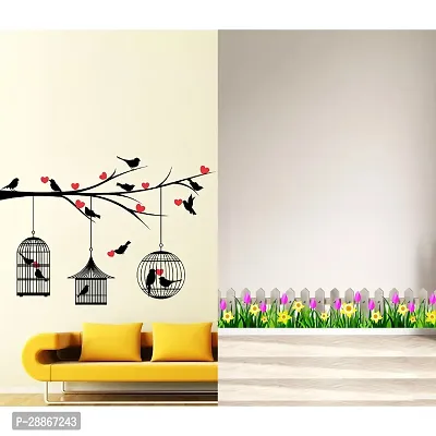 Stylish Combo Of Two Wall Stickers Wooden Wall With Flowers , Love Birds With Heartswall Decals For Hall, Bedroom -Kitchen