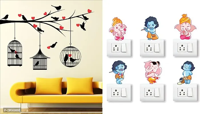 Merical Love Birds with Hearts and Ganesh Switch Board Wall Sticker for Living Room, Hall, Bedroom (Material: PVC Vinyl)