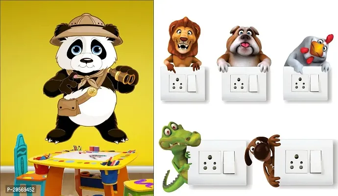 Merical Cute Panda and Krishna Switch Board Wall Sticker for Living Room, Hall, Bedroom (Material: PVC Vinyl)