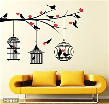 MERICAL Love Birds in Cage with Hearts Wall Sticker for Living Room, Hall, Kitchen | Material: Vinyl-thumb0