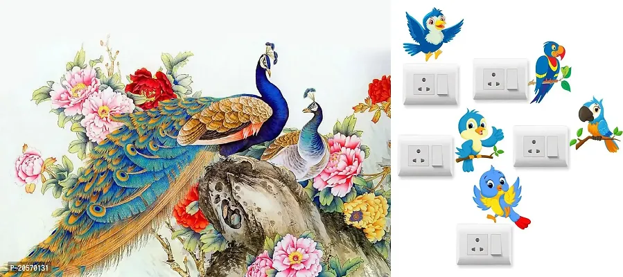 Merical Royal Peacock and TwitterBird Switch Board Wall Sticker for Living Room, Hall, Bedroom (Material: PVC Vinyl)