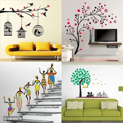 Merical Set of 4 Tribal Lady, Kids Activity, Chinese Flower, Branches Flowers  BirdCages Wall Sticker for Wall D?cor, Living Room, Children Room
