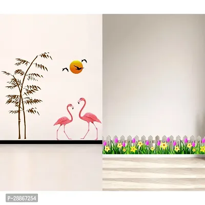 Stylish Combo Of Two Wall Stickers Wooden Wall With Flowers , Sunset Swan Lovewall Decals For Hall, Bedroom -Kitchen