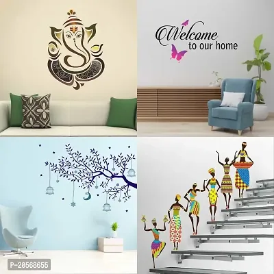 Merical Set of 4 Royal Ganesh, Tribal Lady, Welcome Home Butterfly, Blue Tree Moon, Wall Sticker for Wall D?cor, Living Room, Children Room