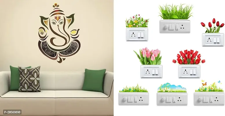 Merical Royal Ganesh and Flowers Switch Board Wall Sticker for Living Room, Hall, Bedroom (Material: PVC Vinyl)