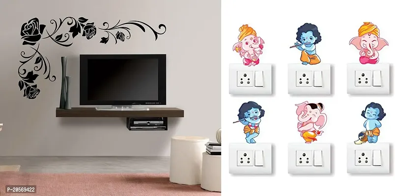 Merical Floral Corner and Ganesh Switch Board Wall Sticker for Living Room, Hall, Bedroom (Material: PVC Vinyl)