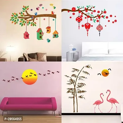 Merical Bird House Branch, Red Flower  Lantern, Sunrise  Flying Bird, Sunset Swan Love Wall Stickers for Living Room, Hall, Wall D?cor (Material: PVC Vinyl)