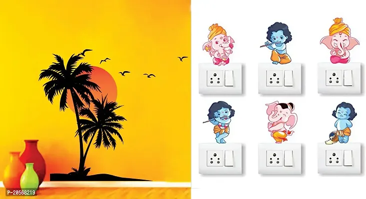 Merical Beach with Sunset and Ganesh Switch Board Wall Sticker for Living Room, Hall, Bedroom (Material: PVC Vinyl)