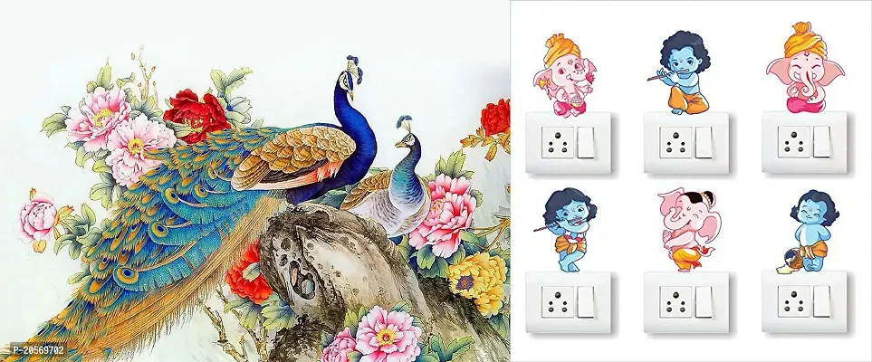 Merical Royal Peacock and Ganesh Switch Board Wall Sticker for Living Room, Hall, Bedroom (Material: PVC Vinyl)