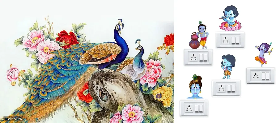 Merical Royal Peacock and Krishna Switch Board Wall Sticker for Living Room, Hall, Bedroom (Material: PVC Vinyl)