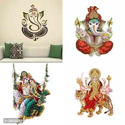 Merical Set of 4 Royal Ganesh, Sherawali Maa, Ekdant, Radhamadhav Jhula Wall Sticker for Wall D?cor, Living Room, Children Room-thumb0