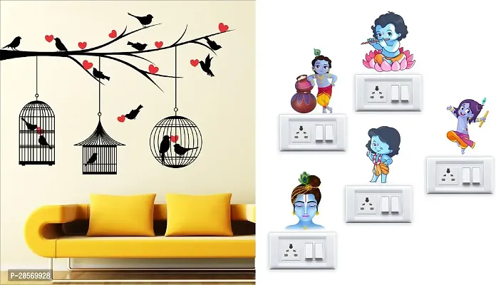 Merical Love Birds with Hearts and Krishna Switch Board Wall Sticker for Living Room, Hall, Bedroom (Material: PVC Vinyl)