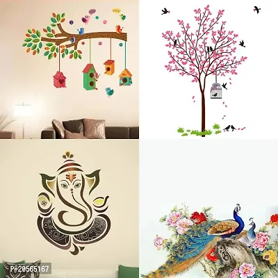 Merical Bird House Branch, Pink Tree Bird  Nest, Royal Ganesh, Royal Peacock Wall Stickers for Living Room, Hall, Wall D?cor (Material: PVC Vinyl)