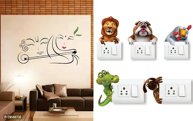 Merical Radhe Krishna with Flute and Animals Switch Board Wall Sticker for Living Room, Hall, Bedroom (Material: PVC Vinyl)