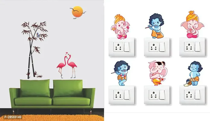 Merical Flamingos and Bamboo and Ganesh Switch Board Wall Sticker for Living Room, Hall, Bedroom (Material: PVC Vinyl)