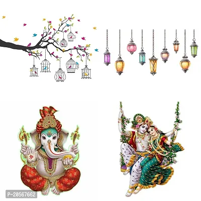 Merical Set of 4 Branches Flowers  BirdCages, Ekdant, Radhamadhav Jhula, Hanging Lamp, Wall Sticker for Wall D?cor, Living Room, Children Room-thumb0