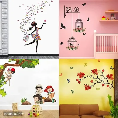 Merical Set of 4 Dreamy Girl, Branches and Cages, Kids Activity, Chinese Flower, Wall Sticker for Wall D?cor, Living Room, Children Room