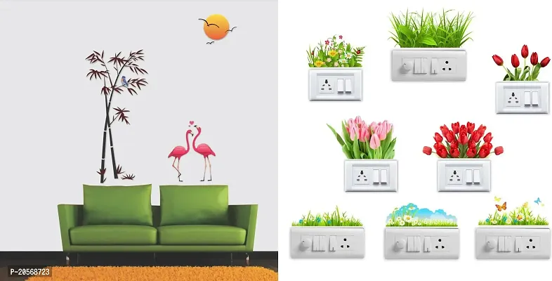 Merical Flamingos and Bamboo and Flowers Switch Board Wall Sticker for Living Room, Hall, Bedroom (Material: PVC Vinyl)