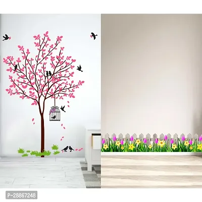 Stylish Combo Of Two Wall Stickers Wooden Wall With Flowers , Pink Tree With Bird And Nestwall Decals For Hall, Bedroom -Kitchen-thumb0