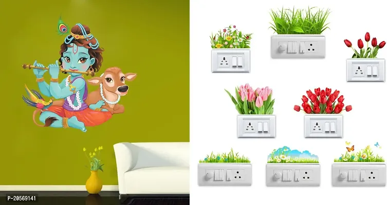Merical Krishna Playing with Cow and Flowers Switch Board Wall Sticker for Living Room, Hall, Bedroom (Material: PVC Vinyl)