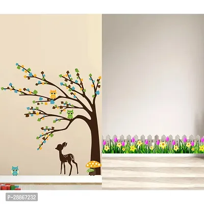 Stylish Combo Of Two Wall Stickers Wooden Wall With Flowers , Brown Tree Cute Animalswall Decals For Hall, Bedroom -Kitchen-thumb0