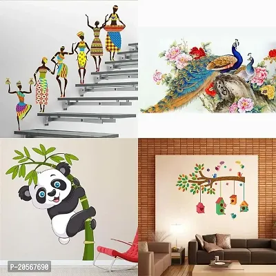 Merical Set of 4 Tribal Lady, Royal Ganesh, Royal Peacock, Baby Panda Wall Sticker for Wall D?cor, Living Room, Children Room