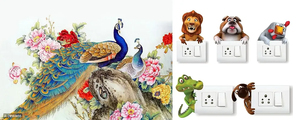 Merical Royal Peacock and Animals Switch Board Wall Sticker for Living Room, Hall, Bedroom (Material: PVC Vinyl)