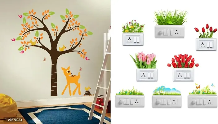 Merical Orange Deer and Tree and Flowers Switch Board Wall Sticker for Living Room, Hall, Bedroom (Material: PVC Vinyl)